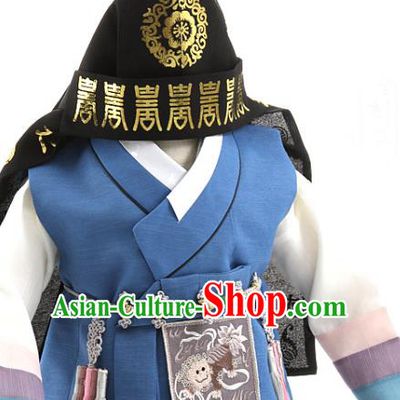 Asian Korea Traditional Embroidered Blue Shirt and Pants Children Birthday Fashion Korean Apparels Boys Hanbok Costumes for Kids