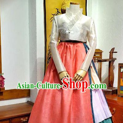 Korean Traditional Wedding White Brocade Blouse and Pink Dress Korea Fashion Bride Costumes Hanbok Apparels for Women