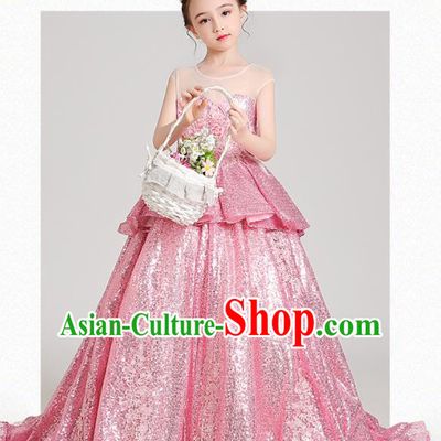 Top Grade Stage Show Baby Princess Pink Paillette Dress Children Girls Birthday Costume Compere Trailing Full Dress