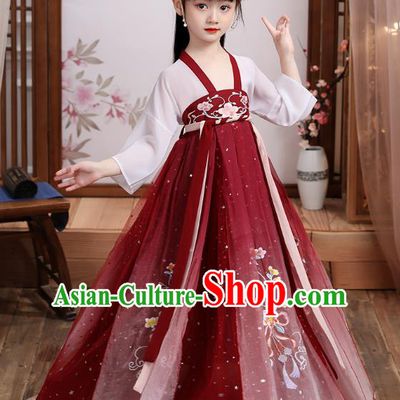 Chinese Traditional Tang Dynasty Hanfu Dress Ancient Girl Costumes Stage Show Apparels Blouse and Red Skirt for Kids