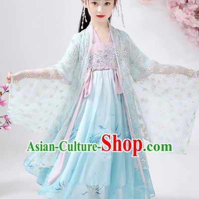 Chinese Traditional Song Dynasty Hanfu Dress Ancient Girl Costumes Stage Show Apparels Blue Cloak Blouse and Skirt for Kids
