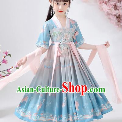 Chinese Traditional Song Dynasty Embroidered Hanfu Dress Ancient Girl Costumes Stage Show Apparels Blue Cloak Blouse and Skirt for Kids