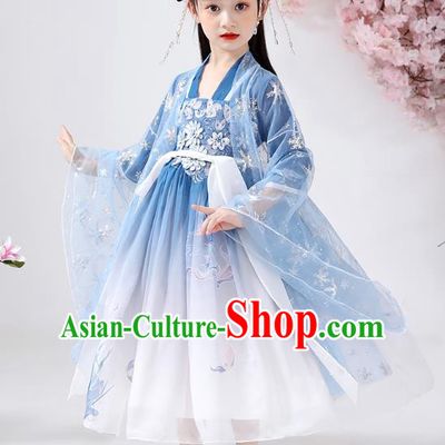 Chinese Traditional Ming Dynasty Embroidered Hanfu Dress Ancient Girl Costumes Stage Show Apparels Blue Cloak Blouse and Slip Dress for Kids