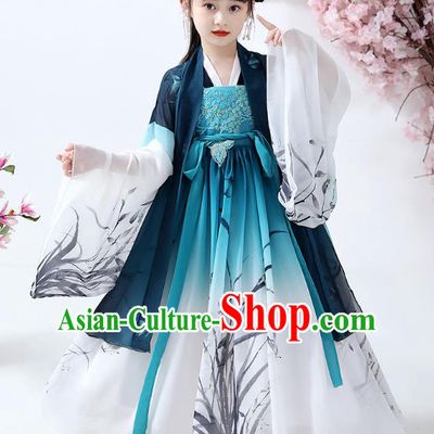 Chinese Traditional Song Dynasty Hanfu Dress Ancient Girl Costumes Stage Show Apparels Navy Cape Blouse and Ink Painting Orchid Dress for Kids
