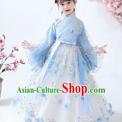 Chinese Traditional Ming Dynasty Hanfu Dress Ancient Girl Costumes Stage Show Apparels Blue Blouse and Flowers Skirt for Kids