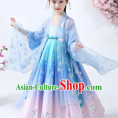 Chinese Traditional Song Dynasty Girl Hanfu Dress Ancient Children Costumes Stage Show Apparels Blue Cape Blouse and Skirt for Kids