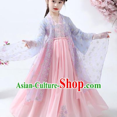 Chinese Traditional Ming Dynasty Girl Hanfu Dress Ancient Princess Costumes Stage Show Apparels Blue Cape Blouse and Pink Skirt for Kids