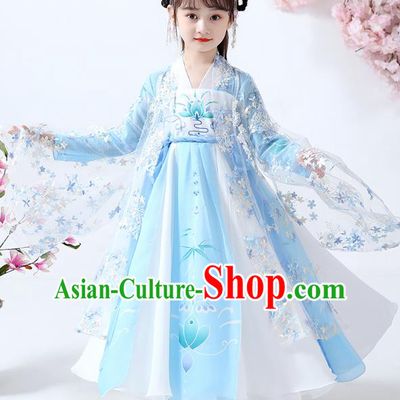 Chinese Traditional Tang Dynasty Girl Blue Hanfu Dress Ancient Princess Costumes Stage Show Apparels Flowers Cape Blouse and Skirt for Kids