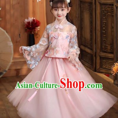 Chinese Traditional Tang Suit Pink Qipao Blouse and Skirt Apparels Ancient Girl Costumes Stage Show Cheongsam Dress for Kids