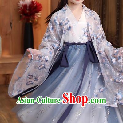 Chinese Traditional Children Hanfu Dress Apparels Ancient Princess Costumes Stage Show Girl Cape Blouse and Light Blue Skirt for Kids