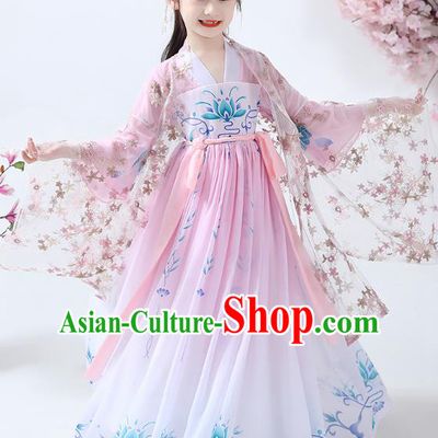 Chinese Traditional Tang Dynasty Girl Pink Hanfu Dress Ancient Princess Costumes Stage Show Apparels Flowers Cape Blouse and Skirt for Kids
