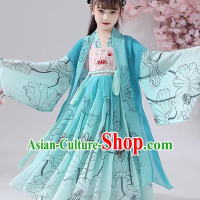 Chinese Traditional Song Dynasty Hanfu Dress Apparels Ancient Princess Costumes Stage Show Girl Blue Cape Blouse and Skirt for Kids