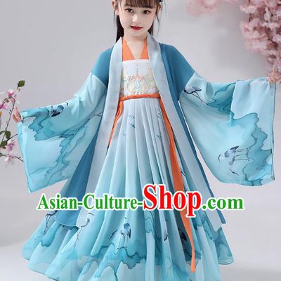 Chinese Traditional Blue Chiffon Hanfu Dress Apparels Ancient Princess Costumes Stage Show Girl Cape Blouse and Skirt for Kids