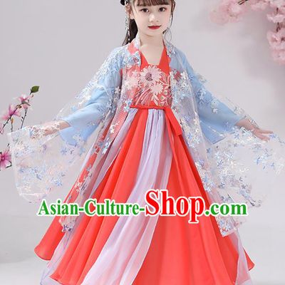 Chinese Traditional Hanfu Dress Apparels Ancient Princess Costumes Stage Show Girl Blue Cape Blouse and Watermelon Red Skirt for Kids