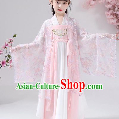 Chinese Traditional Girl Princess Hanfu Dress Apparels Ancient Costumes Stage Show Pink Cape Blouse and Skirt for Kids