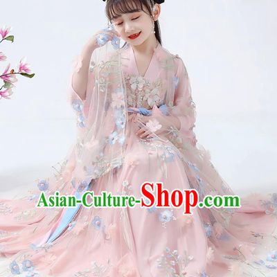 Chinese Traditional Fairy Girl Hanfu Dress Ancient Princess Costumes Stage Show Apparels Flowers Cape Blouse and Pink Skirt for Kids