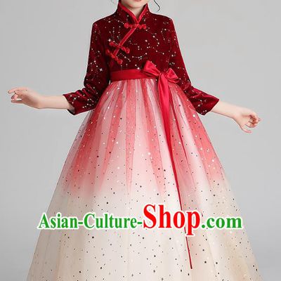 Chinese Traditional Tang Suit Red Velvet Qipao Dress Apparels Ancient Girl Costumes Stage Show Veil Cheongsam for Kids