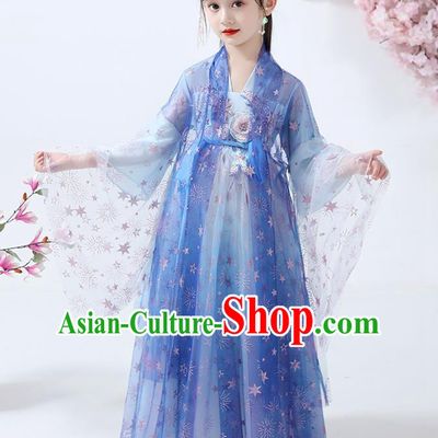 Chinese Traditional Flowers Fairy Hanfu Dress Ancient Princess Costumes Stage Show Apparels Girl Blue Cape Blouse and Skirt for Kids