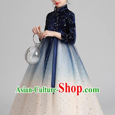 Chinese Traditional Tang Suit Deep Blue Velvet Qipao Dress Apparels Ancient Girl Costumes Stage Show Veil Cheongsam for Kids
