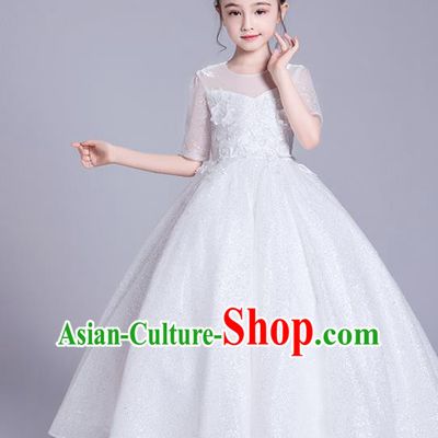 Top Grade Stage Show Princess White Bubble Dress Girls Birthday Costume Children Compere Veil Full Dress