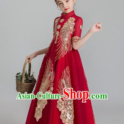 Chinese Traditional Tang Suit Wine Red Qipao Dress Apparels Ancient Girl Costumes Stage Show Embroidered Cheongsam for Kids