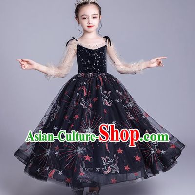 Professional Stage Show Princess Black Chiffon Dress Girls Birthday Costume Children Top Grade Compere Full Dress