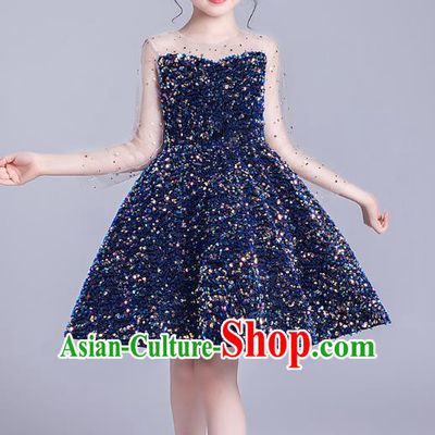 Professional Stage Show Deep Blue Paillette Dress Girls Birthday Costume Children Top Grade Compere Short Full Dress