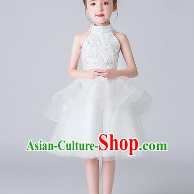 Professional Stage Show White Veil Bubble Dress Girls Birthday Costume Children Top Grade Compere Short Full Dress