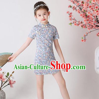 Chinese Traditional Tang Suit Grey Qipao Dress Apparels Ancient Girl Costumes Stage Show Short Cheongsam for Kids