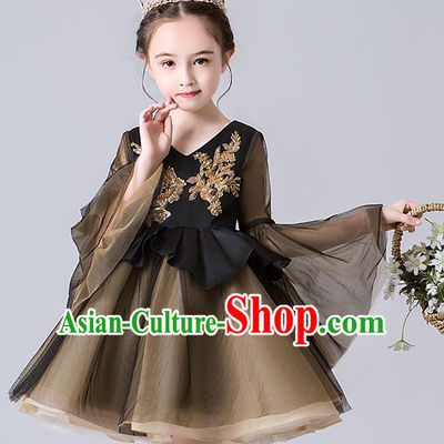 Professional Stage Show Black Veil Bubble Dress Girls Birthday Costume Children Top Grade Compere Short Full Dress
