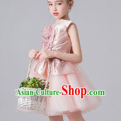 Professional Stage Show Pink Veil Bubble Dress Girls Birthday Costume Children Top Grade Compere Short Bowknot Full Dress