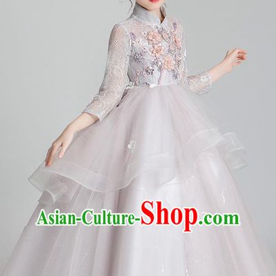 Chinese Traditional Tang Suit Light Grey Qipao Dress Apparels Ancient Girl Costumes Stage Show Veil Cheongsam for Kids