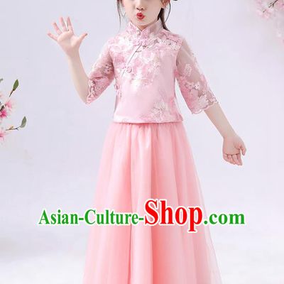 Chinese Traditional Tang Suit Pink Blouse and Skirt Qipao Dress Ancient Girl Costumes Stage Show Cheongsam Apparels for Kids