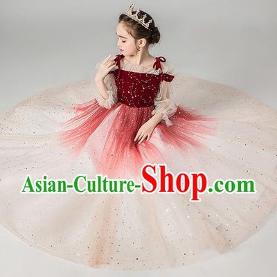 Professional Stage Show Girls Catwalks Purplish Red Velvet Dress Children Birthday Costume Top Grade Compere Veil Full Dress