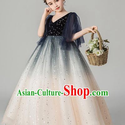 Professional Stage Show Girls Catwalks Navy Velvet Dress Children Birthday Costume Top Grade Compere Veil Full Dress