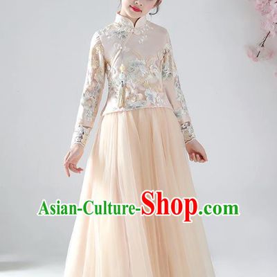 Chinese Traditional Tang Suit Apricot Blouse and Skirt Qipao Dress Ancient Girl Costumes Stage Show Cheongsam Apparels for Kids