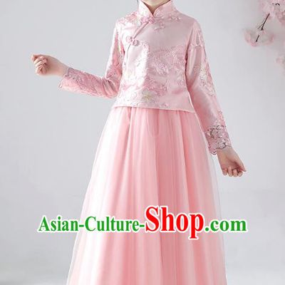 Chinese Traditional Tang Suit Pink Blouse and Skirt Qipao Dress Girl Costumes Stage Show Cheongsam Apparels for Kids