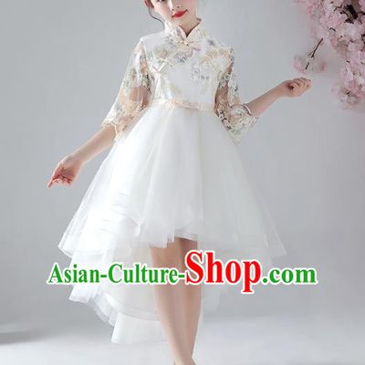 Chinese Traditional Tang Suit White Bubble Qipao Dress Girl Costumes Stage Show Veil Cheongsam Apparels for Kids