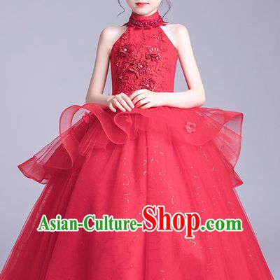 Top Grade Stage Show Red Veil Dress Girls Birthday Costume Children Compere Full Dress
