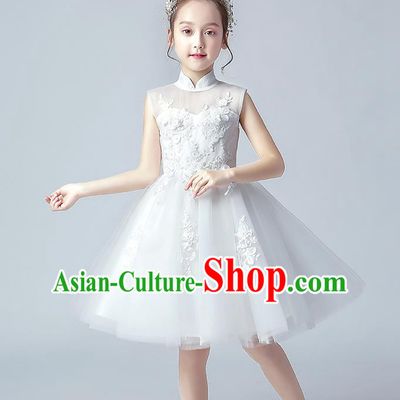 Top Grade Birthday Short Full Dress Children Compere Costume Stage Show Girls Catwalks White Veil Bubble Dress