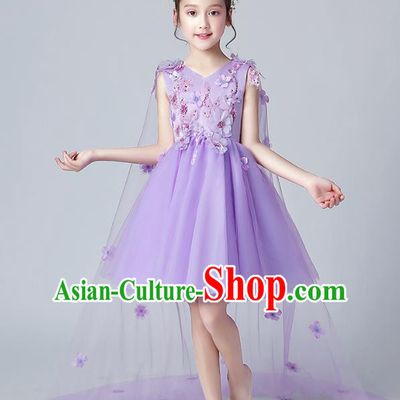 Top Grade Birthday Flowers Fairy Short Full Dress Children Compere Costume Stage Show Girls Catwalks Purple Veil Bubble Dress