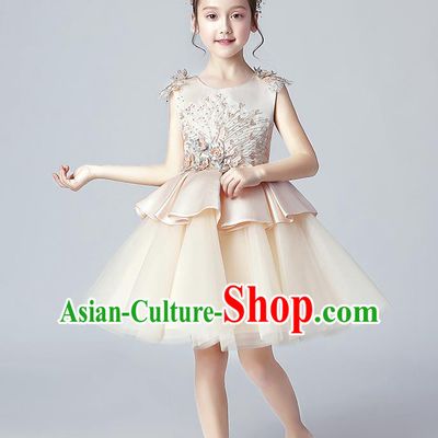 Top Grade Birthday Champagne Satin Full Dress Children Compere Costume Stage Show Girls Catwalks Veil Bubble Dress