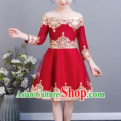 Top Grade Birthday Red Short Full Dress Children Compere Costume Stage Show Girls Catwalks Off Shoulder Dress