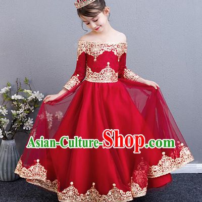 Top Grade Birthday Red Lace Full Dress Children Compere Costume Stage Show Girls Catwalks Off Shoulder Long Dress