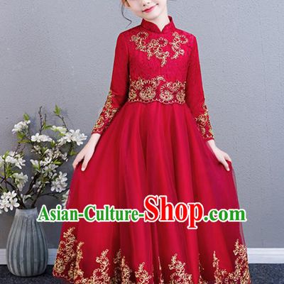Top Grade Birthday Stand Collar Full Dress Children Compere Costume Stage Show Girls Catwalks Red Lace Long Dress