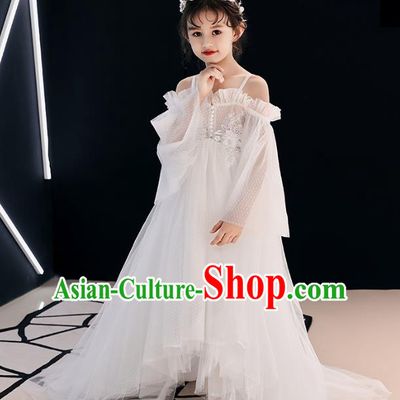 Top Grade Birthday White Veil Full Dress Children Compere Costume Stage Show Girls Catwalks Trailing Long Dress