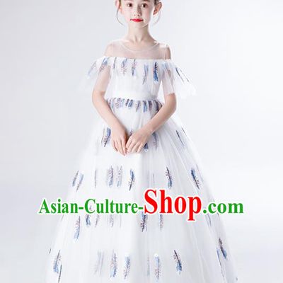 Top Grade Children Compere Costume Stage Show Birthday Full Dress Professional Girls Catwalks White Long Dress