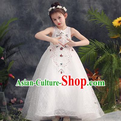 Top Grade Catwalks Trailing Full Dress Children Birthday Costume Stage Show Girls Compere White Veil Long Dress