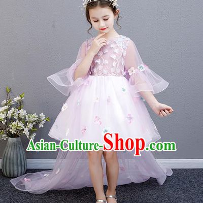Top Grade Birthday Trailing Full Dress Children Compere Costume Stage Show Girls Catwalks Pink Veil Dress
