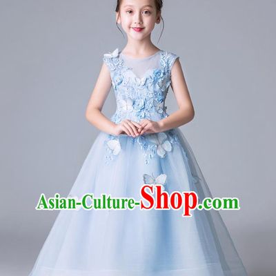 Top Grade Catwalks Blue Veil Full Dress Children Birthday Costume Stage Show Girls Compere Butterfly Dress